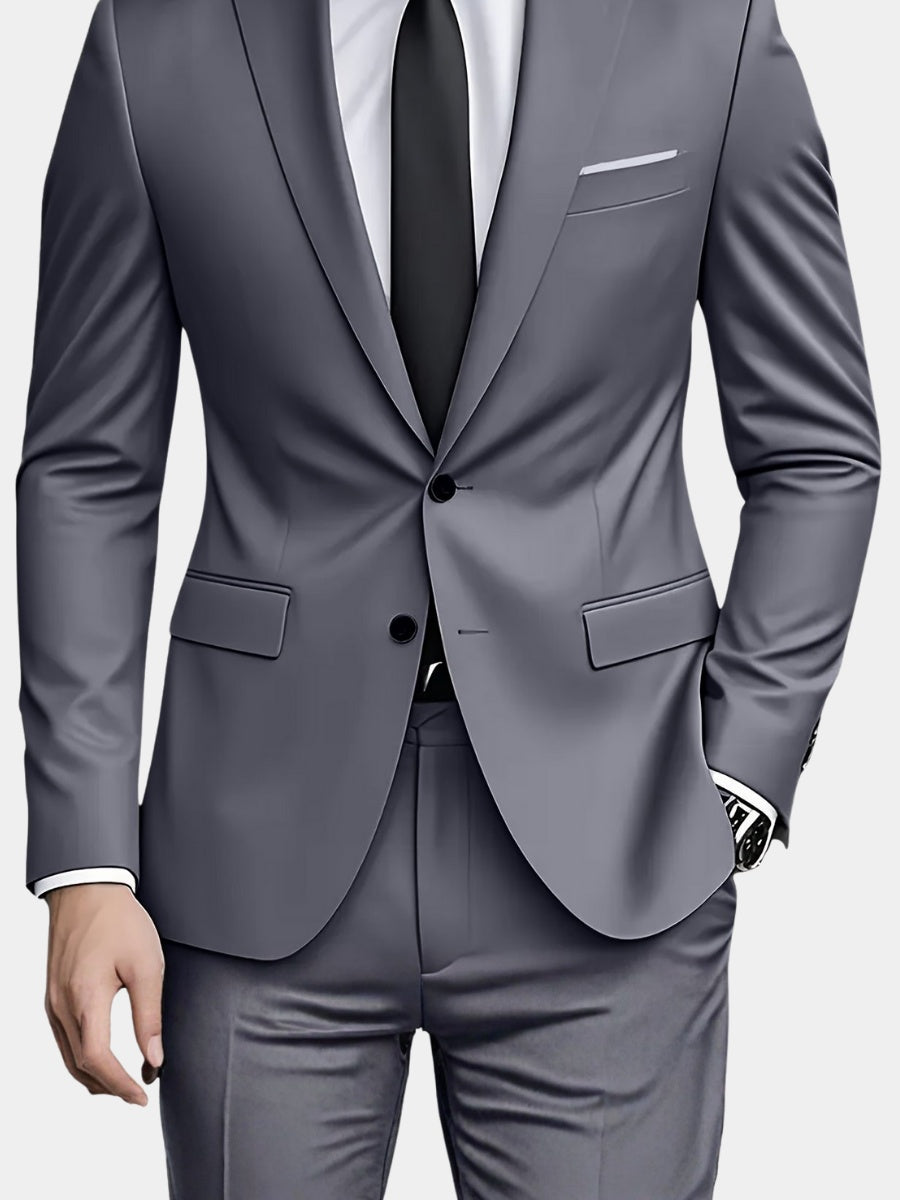 Fato slim fit masculino duas peças, corte moderno e elegante para eventos formais.
