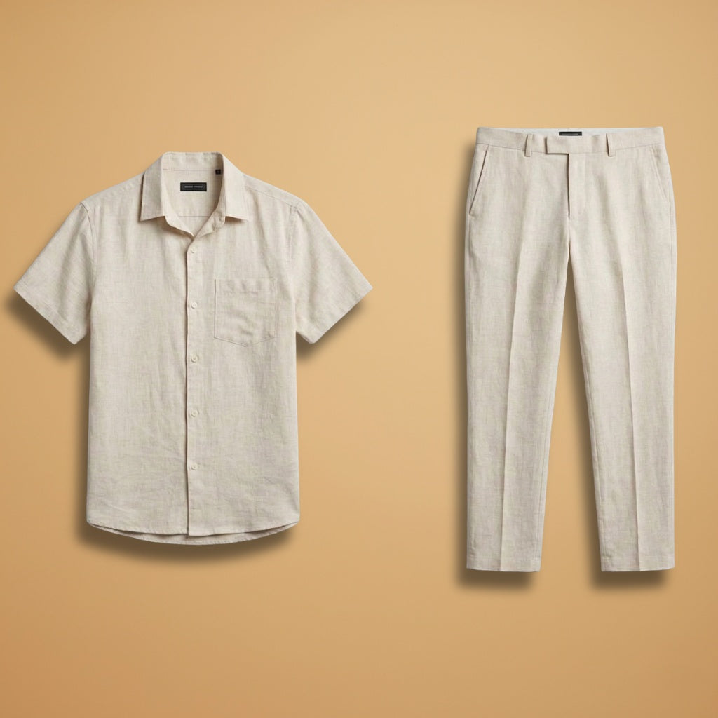 Conjunto de linho masculino Salvador: camisa e calças leves, ideal para o verão casual e conforto. Roupa respirável.