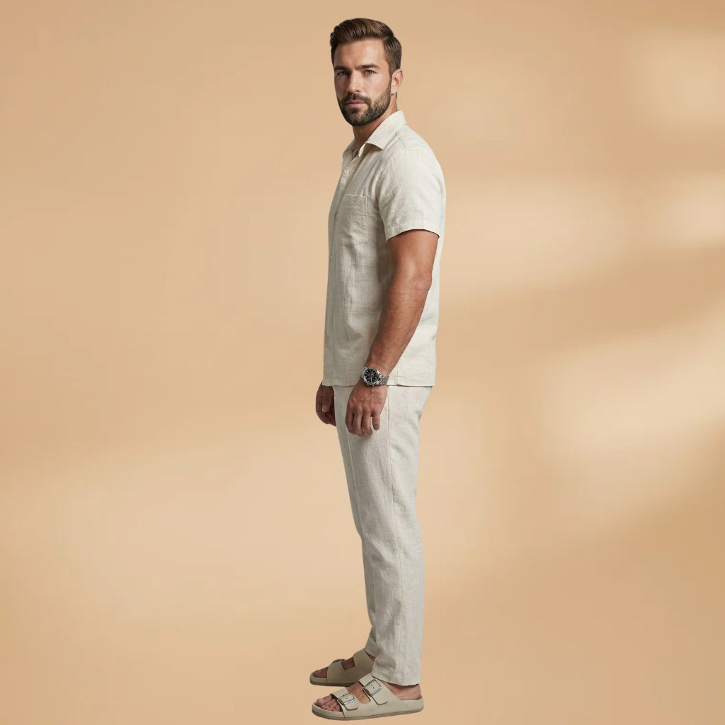 Conjunto de linho masculino Salvador: camisa e calças casuais de verão, moda com estilo e conforto para homem.
