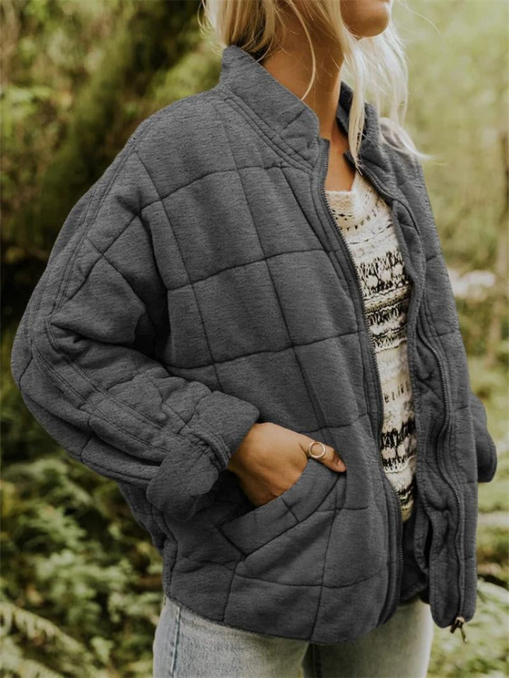 Casaco acolchoado bomber feminino, gola alta, fecho, ideal para inverno casual.