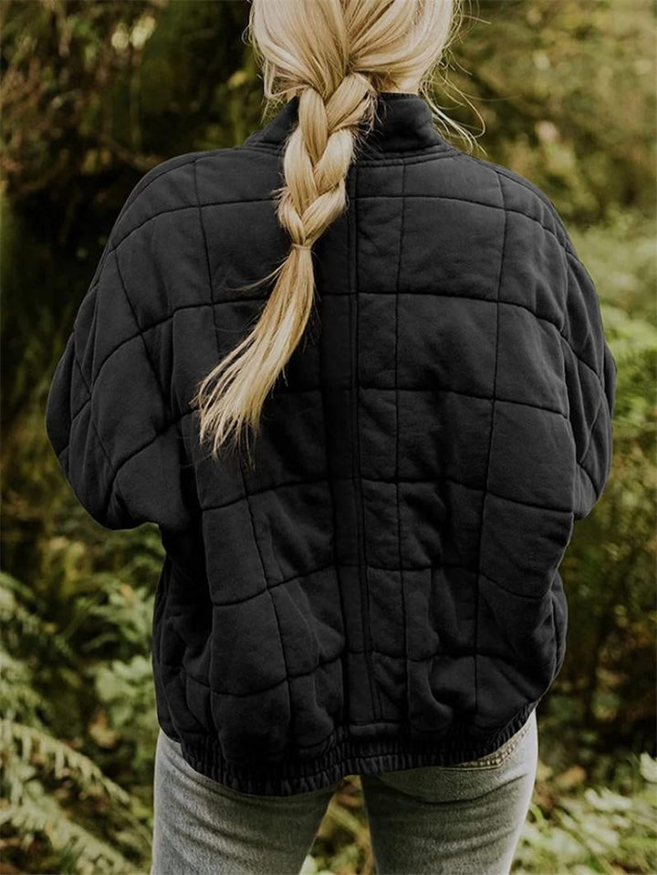 Casaco de mulher acolchoado, gola alta, fecho, estilo bomber versátil para outono e inverno.