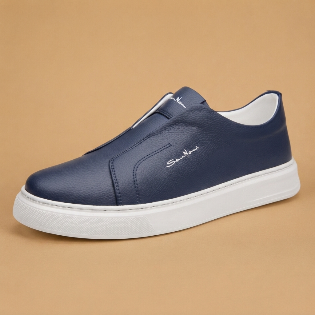 Sapatilhas casuais slip-on masculinas em couro vegan preto, com plataforma para conforto e estilo urbano.