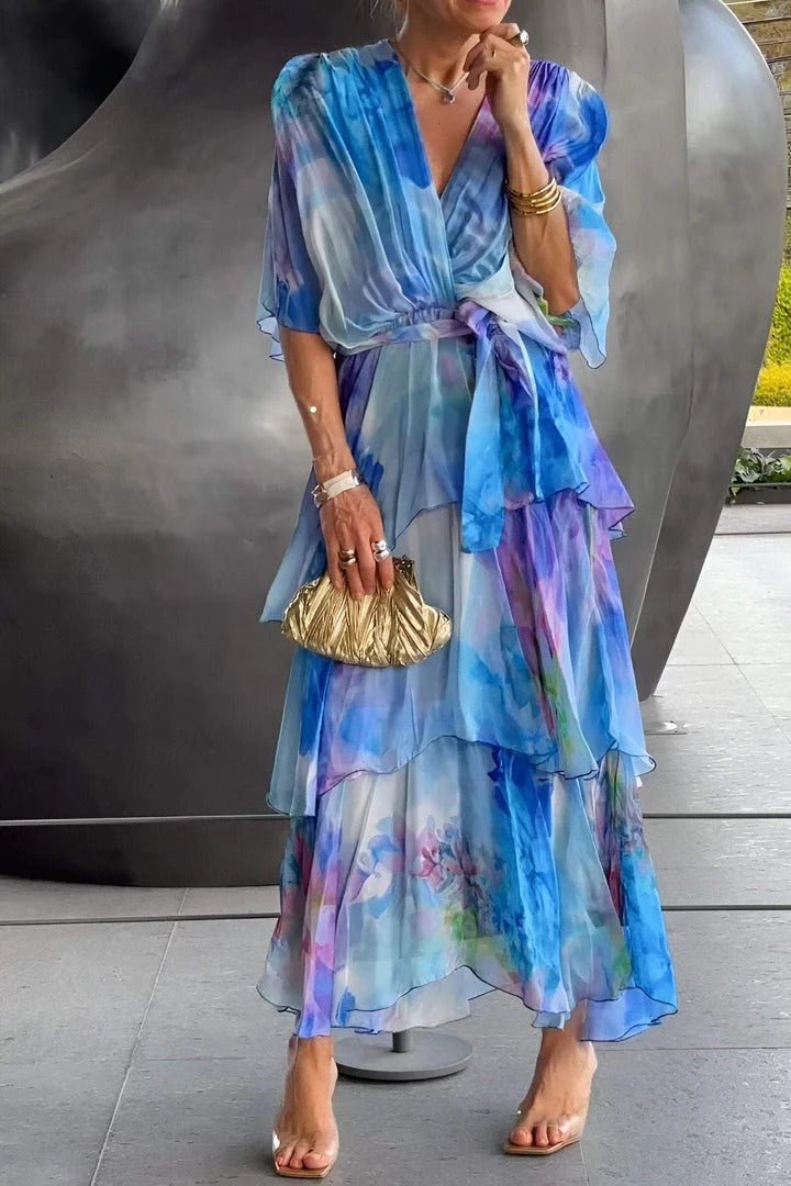 Vestido longo feminino azul elegante para verão, perfeito para festas ou eventos casuais na praia. Estilo maxi e confortável.
