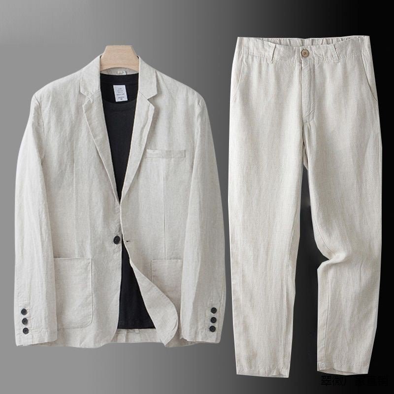 Terno masculino de linho branco, elegante e respirável para verão. Ideal para eventos e conforto.