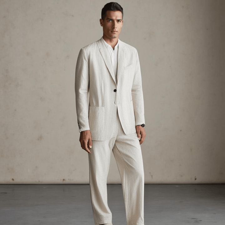 Conjunto masculino de linho para verão, leve e respirável. Perfeito para estilo casual ou formal.