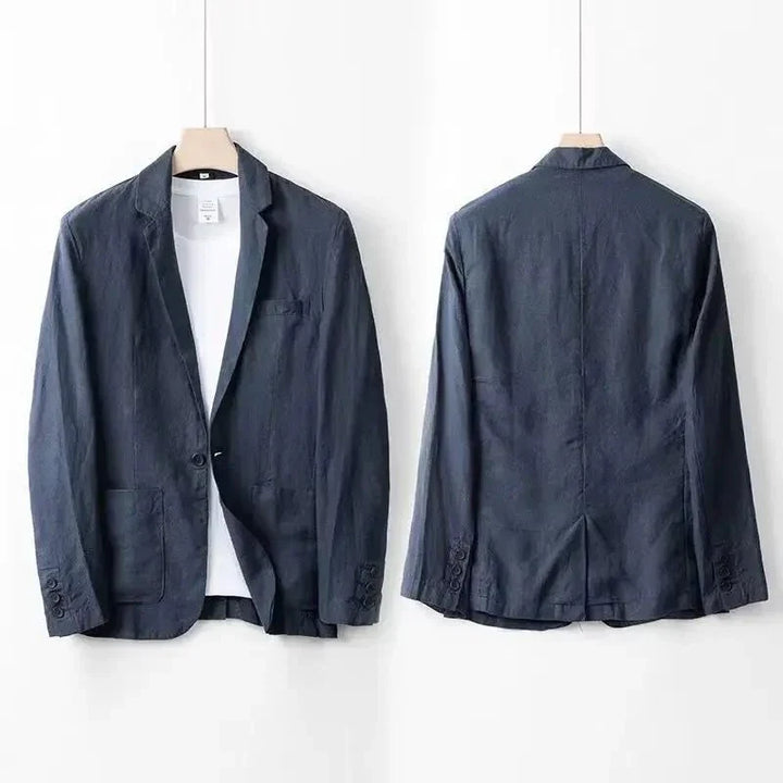 Terno de linho verde-oliva masculino. Conjunto sofisticado e respirável para o verão.