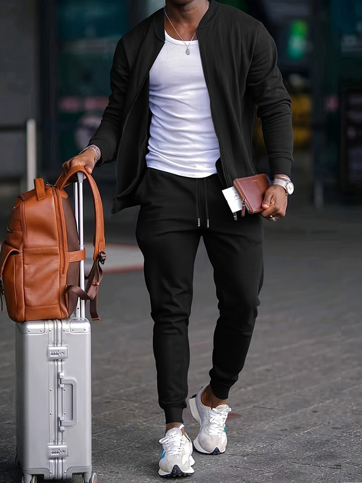 Conjunto de treino masculino jogger com jaqueta zip, confortável para desporto e lazer. Roupa desportiva moderna.