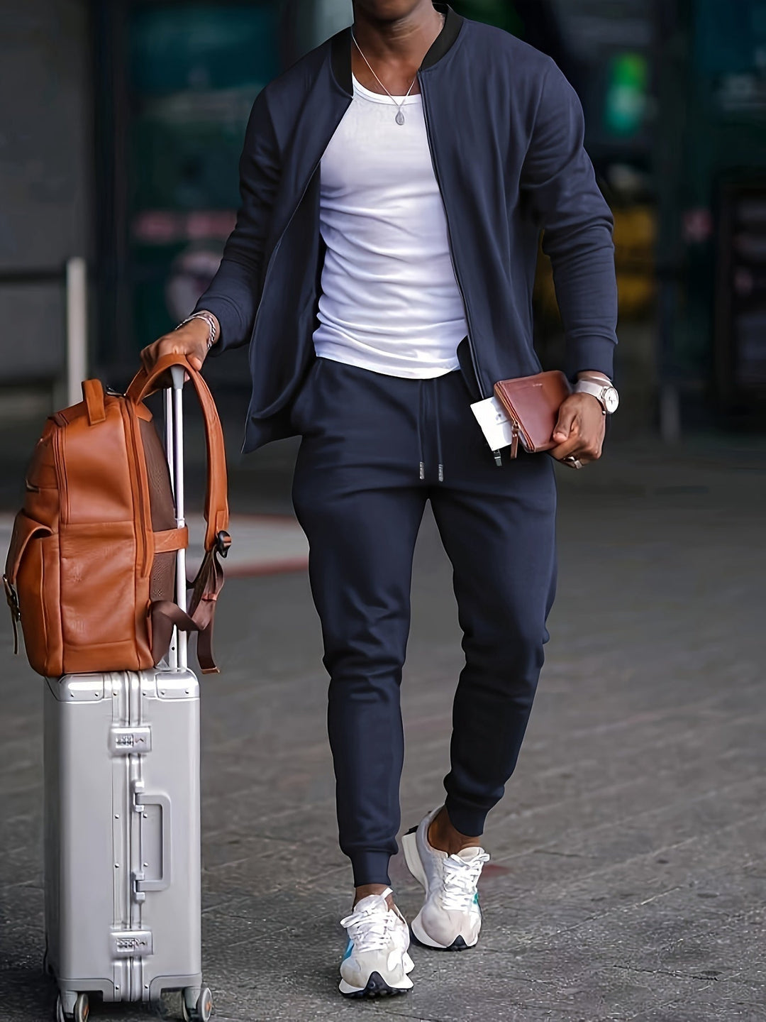 Homem veste conjunto de treino jogger cinza com jaqueta zip, ideal para exercícios e uso casual masculino.