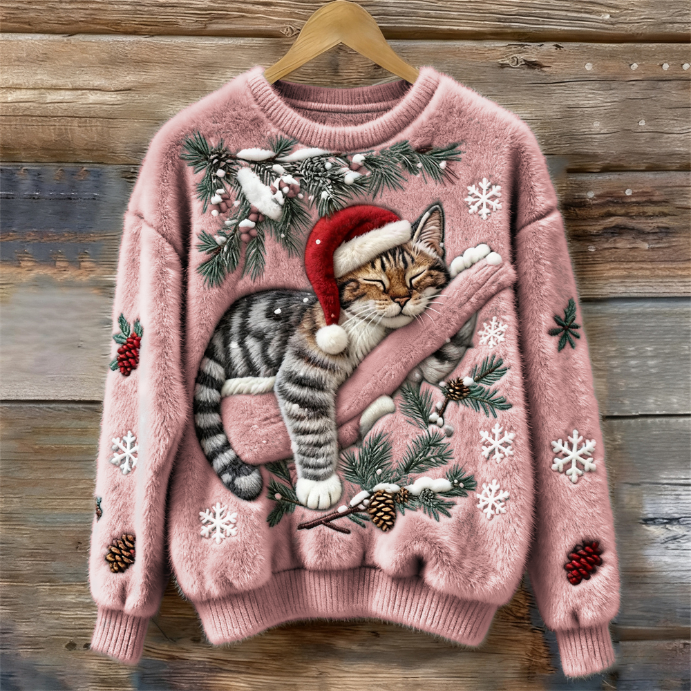 Camisola de malha natalina para mulher, com gato fofo estampado. Estilo festivo e macio para o seu inverno.