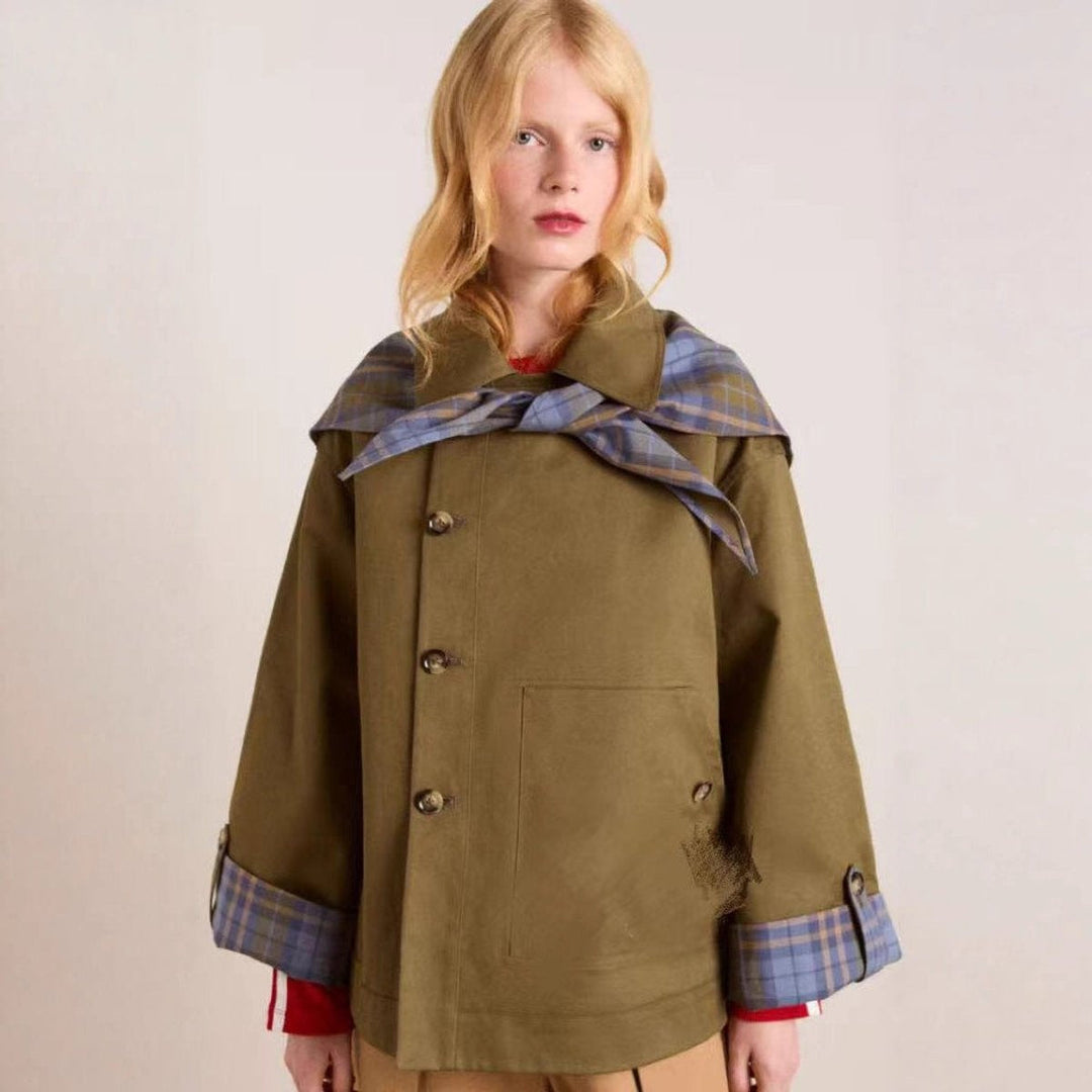 Gabardina curta feminina oversized xadrez, casaco para outono e primavera.