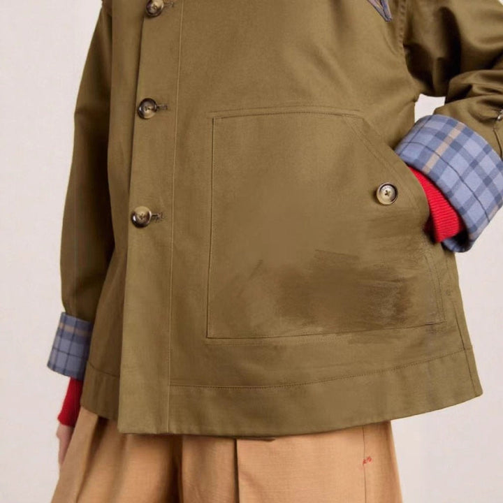 Gabardina curta feminina xadrez oversized, perfeita para o estilo de outono e primavera.