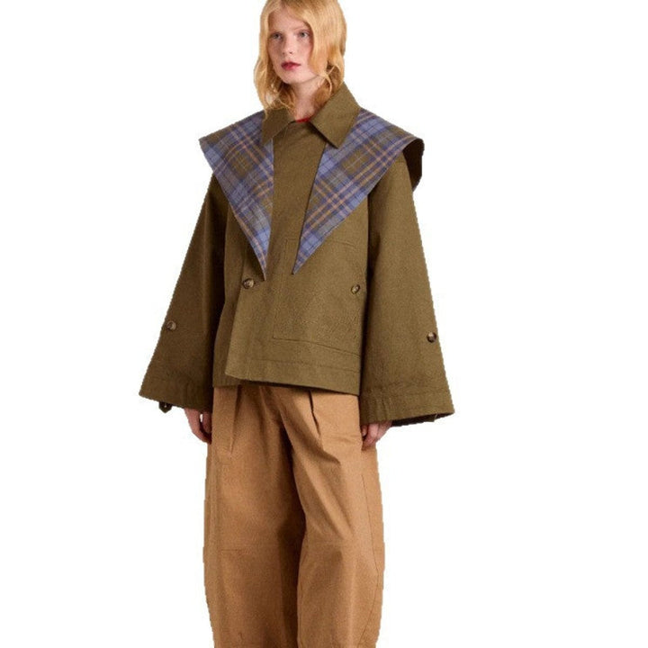 Gabardina xadrez oversized feminina, um casaco curto e moderno, ideal para o estilo outono.