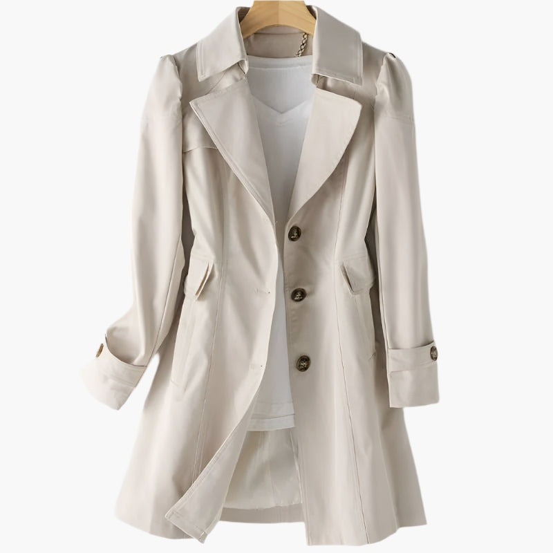 Trench coat feminino clássico comprido com botões, ideal para moda outono/primavera e um estilo elegante.