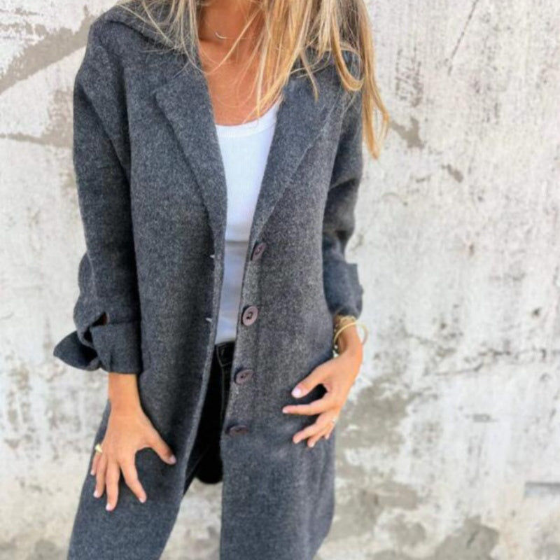 Casaco feminino rosa de comprimento médio, estilo casual e elegante para moda outono inverno.