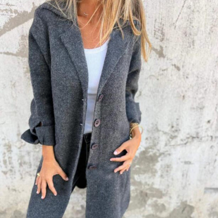 Casaco feminino rosa de comprimento médio, estilo casual e elegante para moda outono inverno.