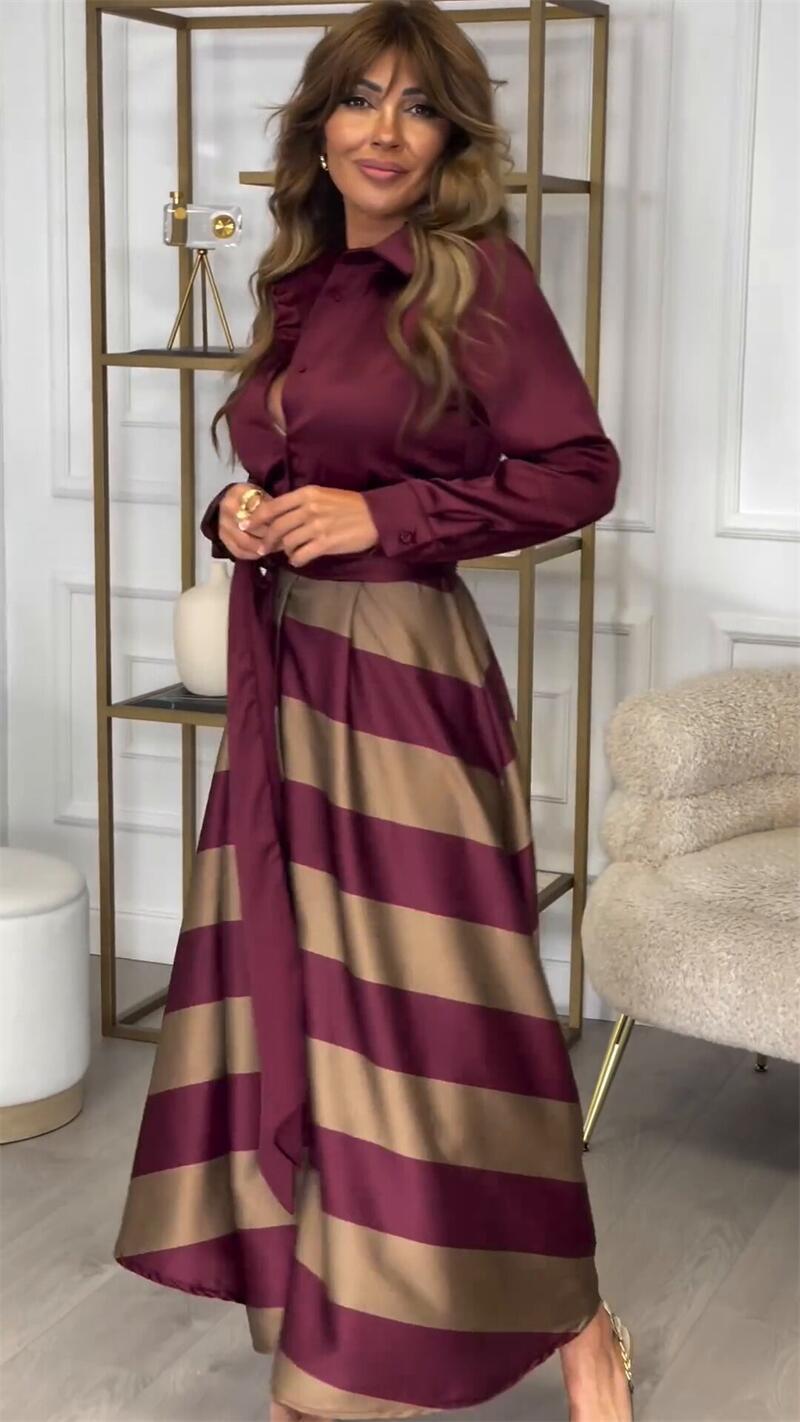 Vestido longo listrado elegante feminino, ideal para primavera/outono, casual ou festa.
