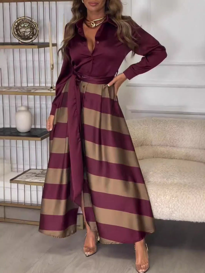 Vestido longo listrado feminino moderno, confortável e versátil para diversas ocasiões.