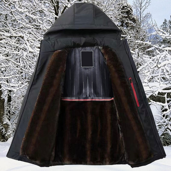 Homem usando casaco masculino Limbert com capuz, perfeito para outono inverno, proporcionando calor e moda masculina.