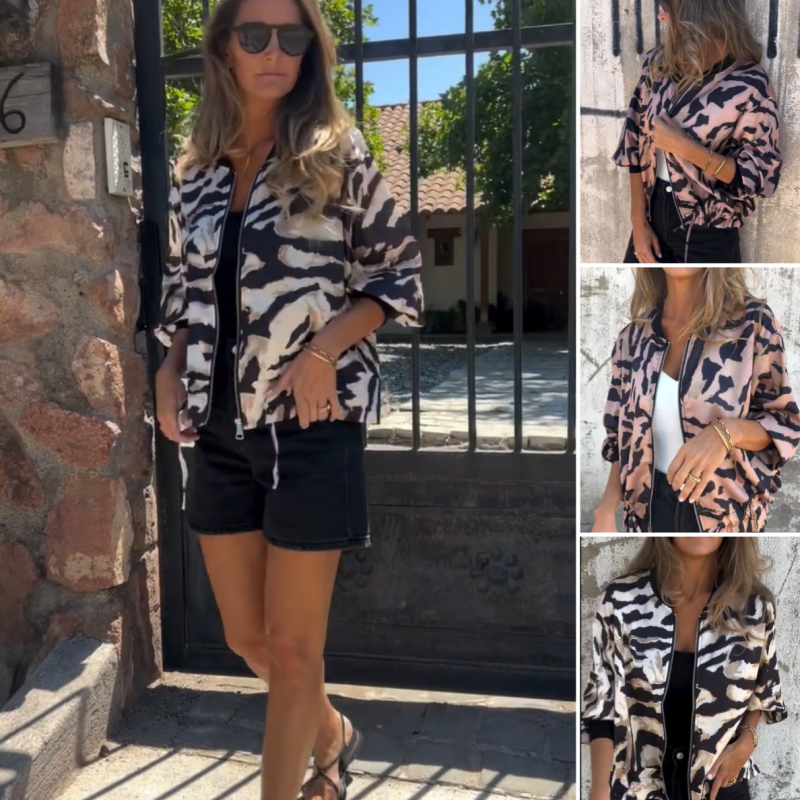 Jaqueta feminina bomber com estampa zebra, estilo elegante para a primavera.