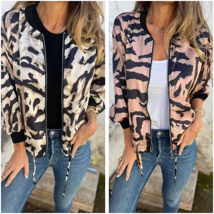 Jaqueta bomber leve feminina com zíper, padrão zebra, essencial para a primavera.