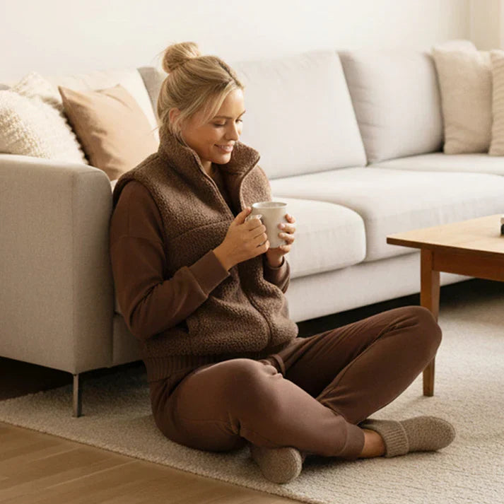 Moda feminina: conjunto versátil de 3 peças com suéter, puffer e calça reta. Look casual e confortável.