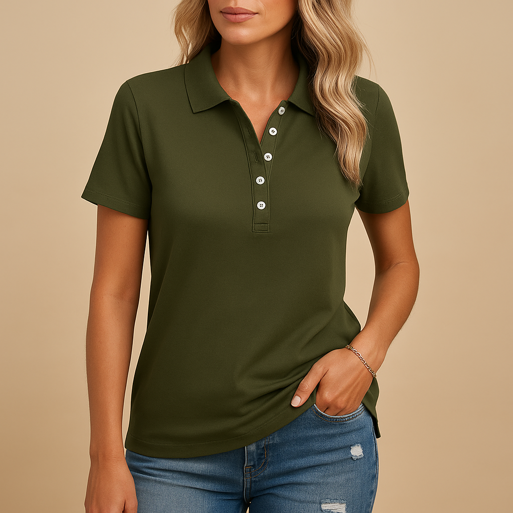 Moda feminina: Camisa polo elegante de manga curta, perfeita para looks casuais chic. Blusa ajustada para verão.