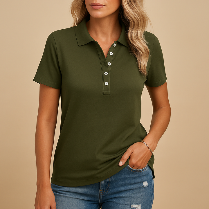 Moda feminina: Camisa polo elegante de manga curta, perfeita para looks casuais chic. Blusa ajustada para verão.