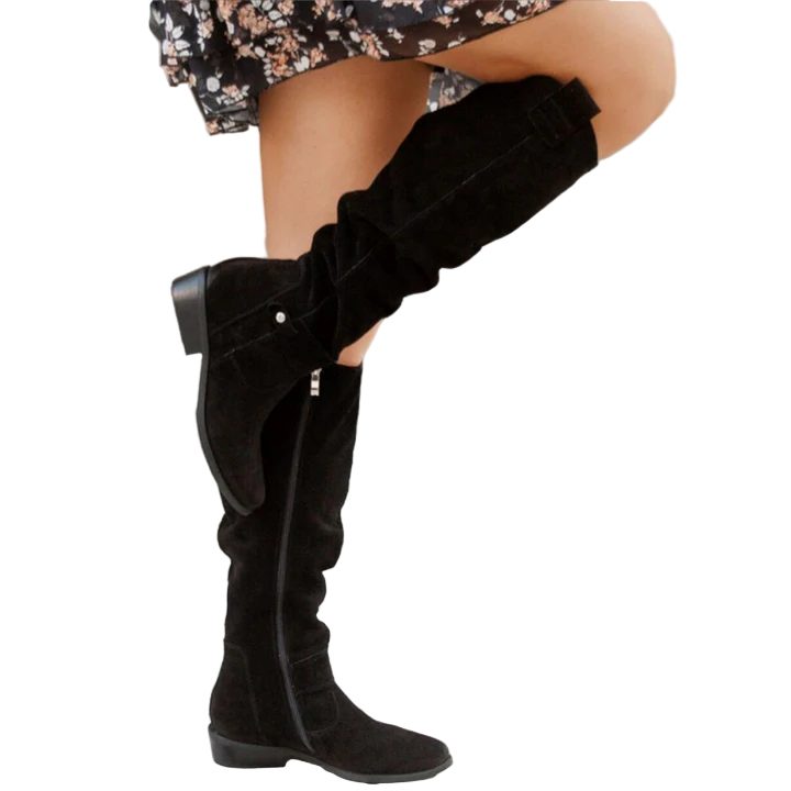 Botas slouchy femininas de camurça com salto baixo, confortáveis e estilosas para outono inverno.