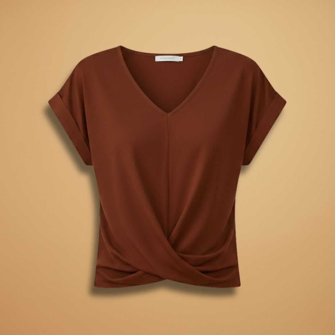 T-shirt feminina elegante, decote V e nó frontal. Manga curta, casual, perfeita para o verão.