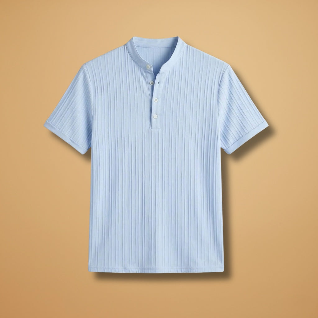 T-shirt Henley canelada masculina de manga curta, estilo casual elegante para o verão.