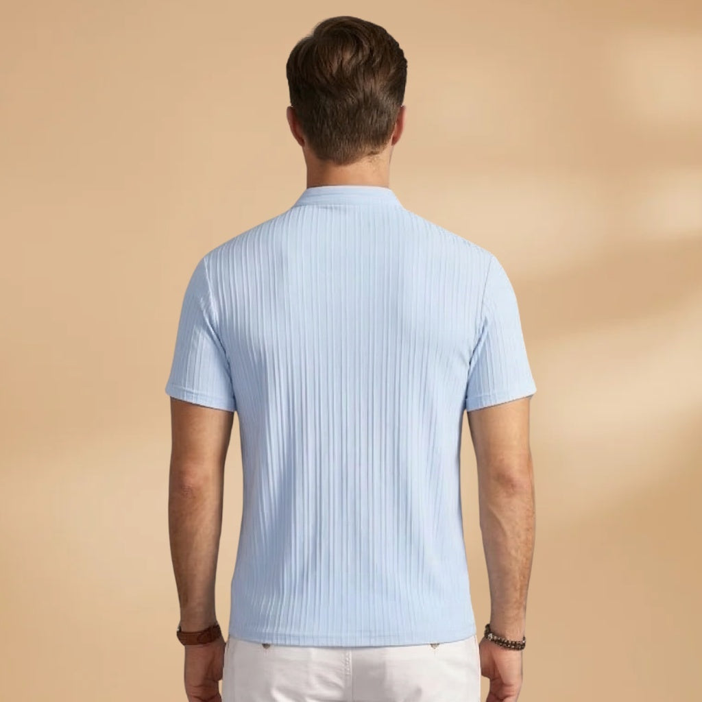 T-shirt Henley masculina canelada preta, manga curta, estilo versátil para homens.