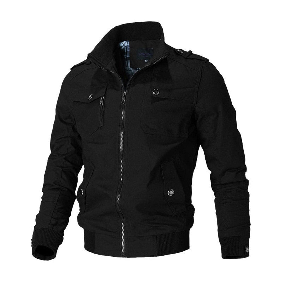 Bomber masculino militar com gola alta, epaulettes e bolsos, ideal para outono e inverno urbano.