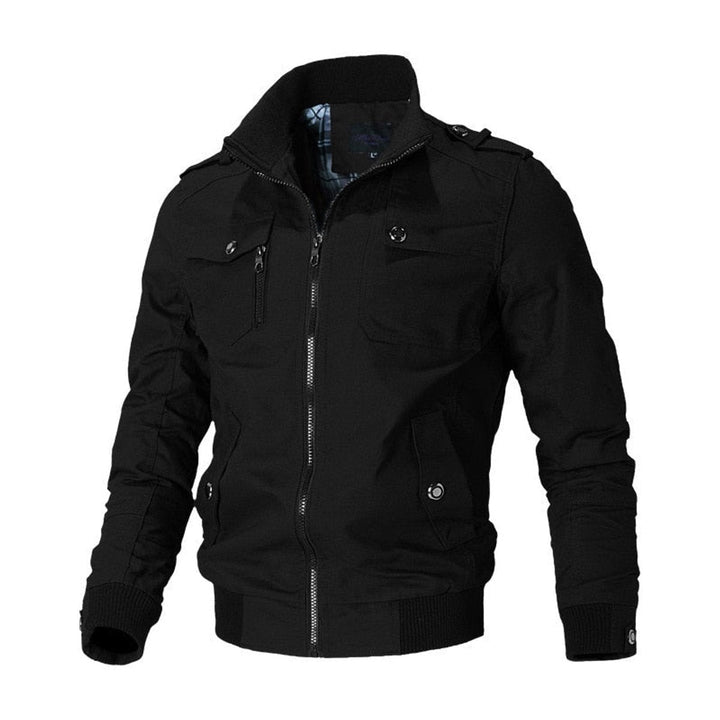Bomber masculino militar com gola alta, epaulettes e bolsos, ideal para outono e inverno urbano.