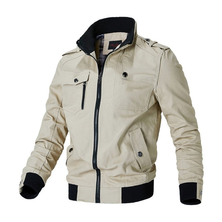 Casaco bomber militar masculino versátil para outono/inverno, com gola alta e detalhes autênticos.