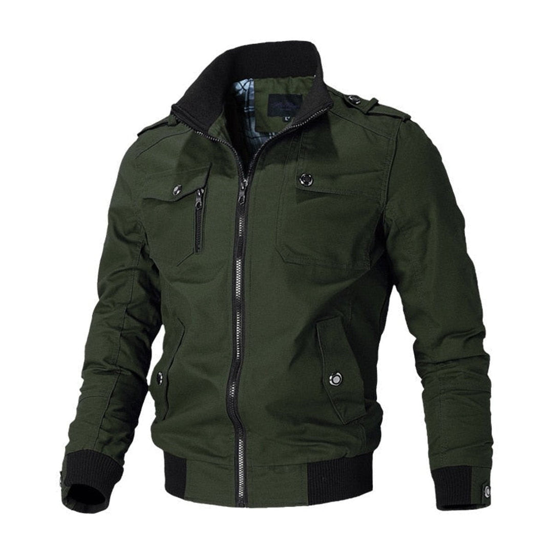 Bomber masculino estilo militar urbano, gola alta e epaulettes. Casaco quente para inverno.