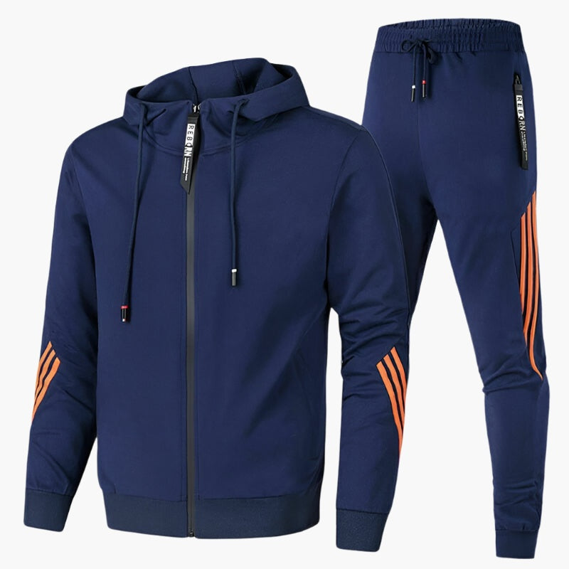Fato de treino masculino com capuz e riscas laterais, ideal para ginásio, treino ou uso casual.
