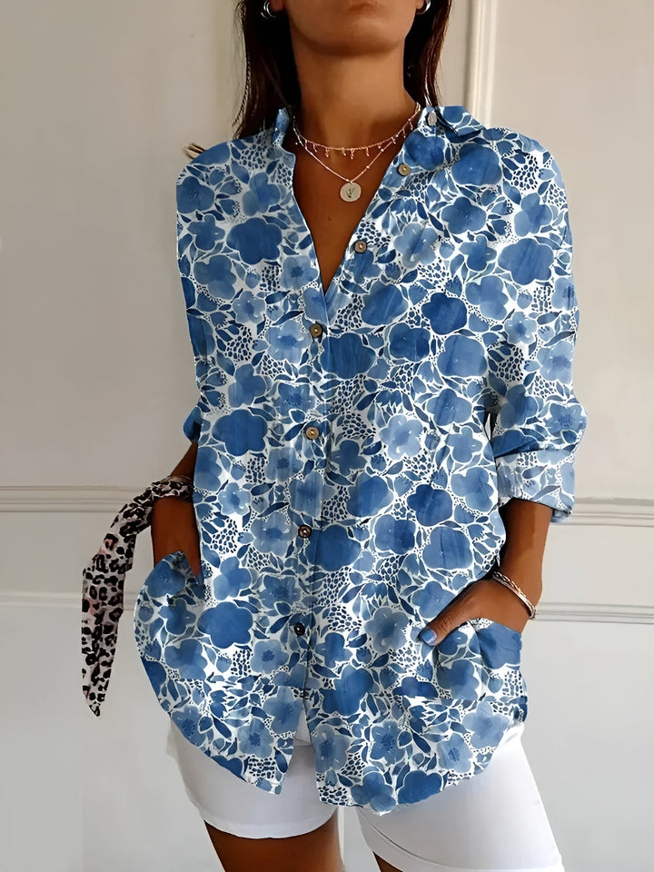 Camisa floral feminina casual de caimento relaxado para verão, estilo elegante e confortável.