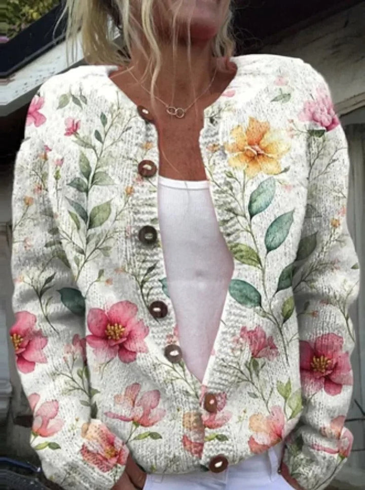 Cardigan feminino floral confortável e clássico, ideal para moda casual ou elegante em todas as ocasiões.