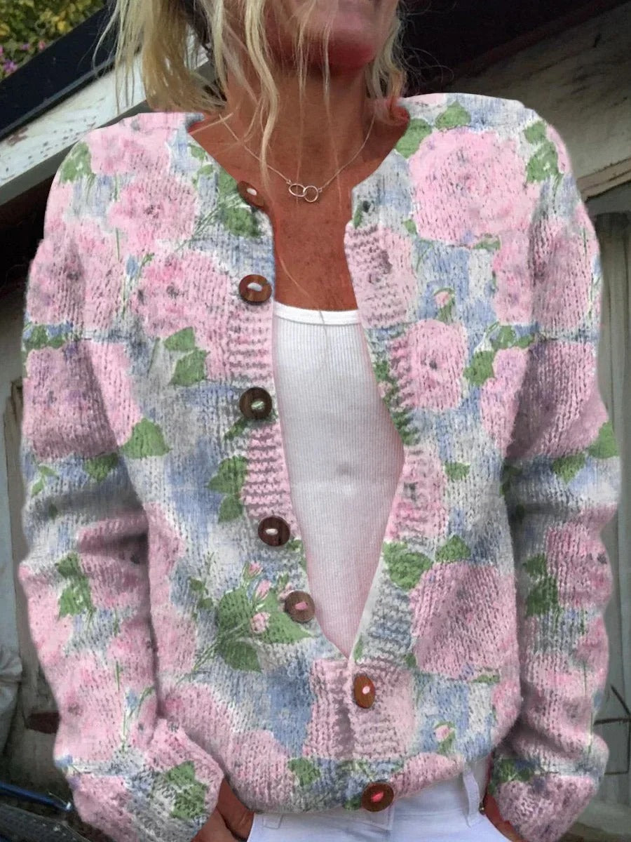 Cardigan feminino floral elegante, peça de moda feminina para um estilo versátil e confortável.