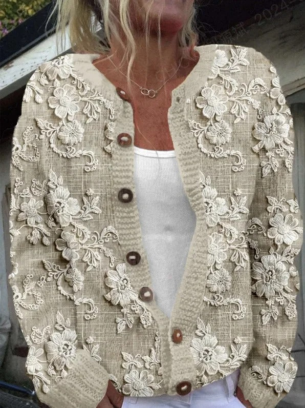 Cardigan feminino floral detalhado, uma peça elegante e versátil para o guarda-roupa de outono/inverno.