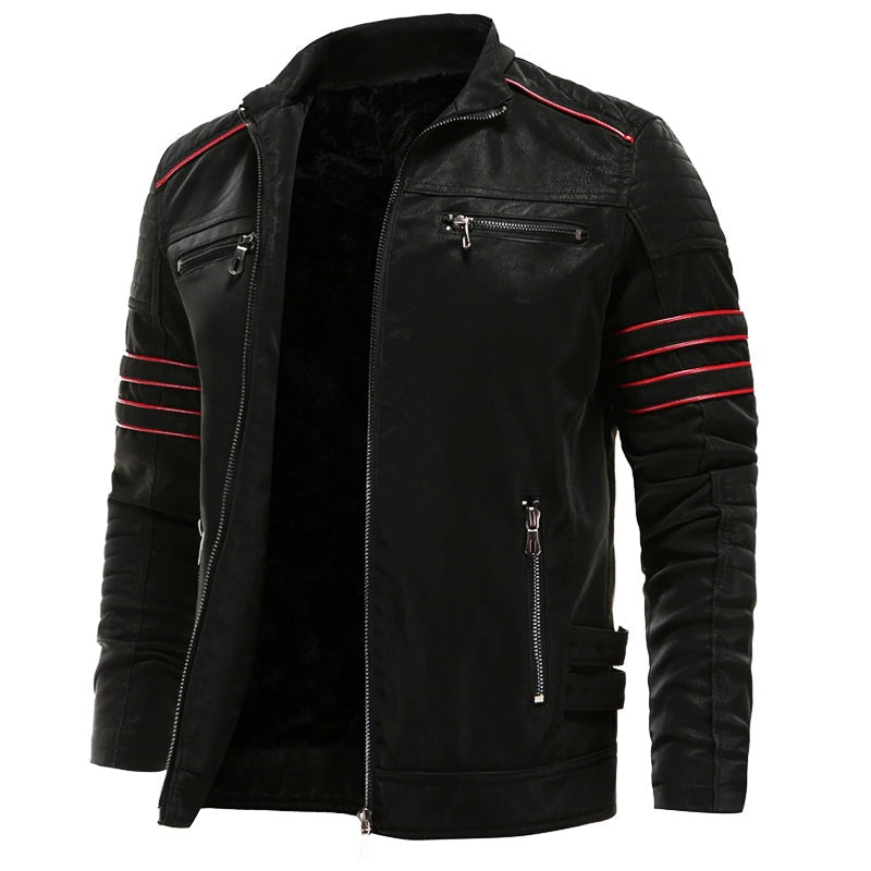 Blusão biker masculino em polipele preta com forro peluche, ideal para inverno urbano e estilo.