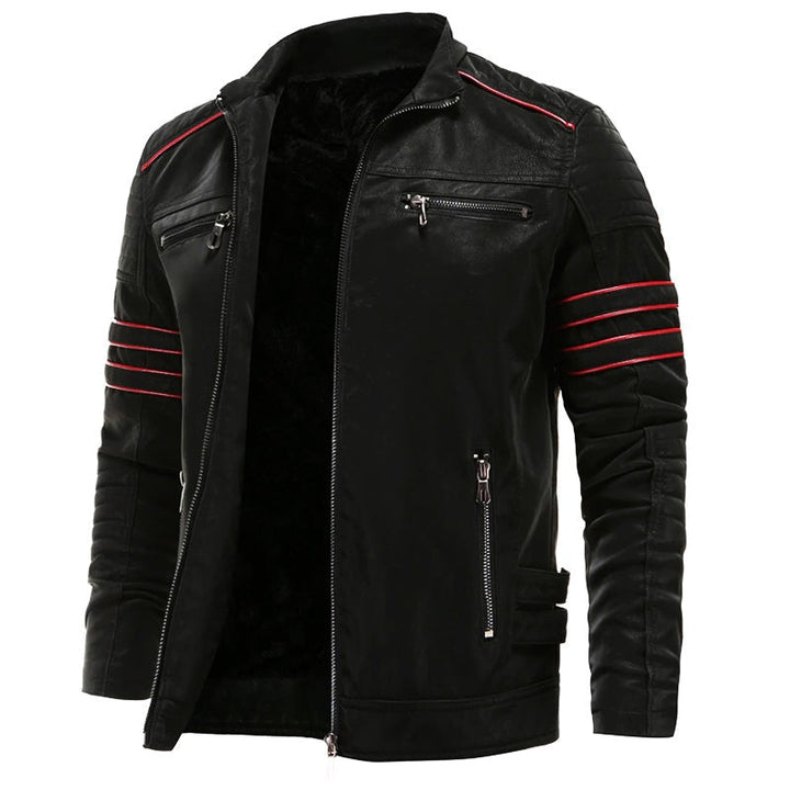 Blusão biker masculino em polipele preta com forro peluche, ideal para inverno urbano e estilo.