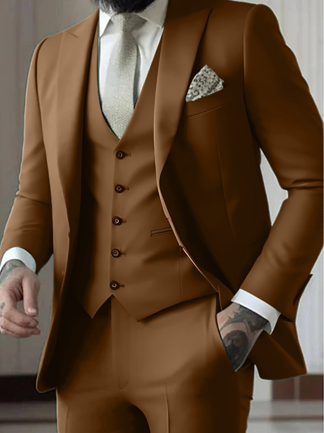 Fato masculino 3 peças slim fit, estilo smoking, em poliéster durável, para eventos especiais.