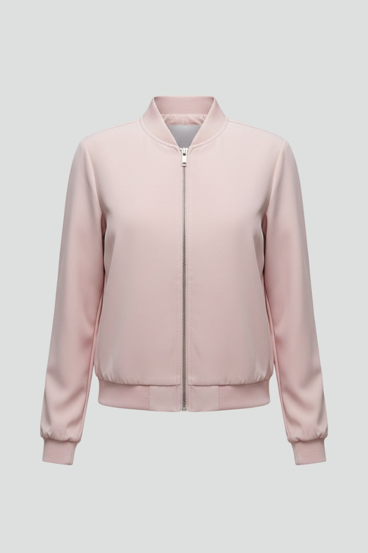 Casaco bomber feminino rosa, estilo casual chic, perfeito para transição de estação. Conforto e versatilidade.