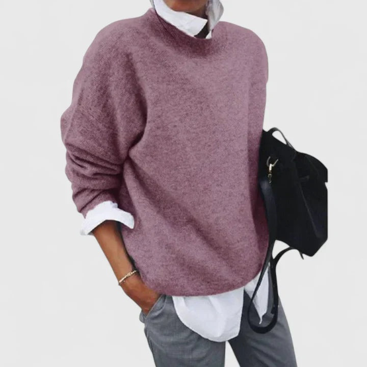 Camisola feminina de lã oversize com gola redonda, perfeita para o inverno e outono. Malha de conforto casual.