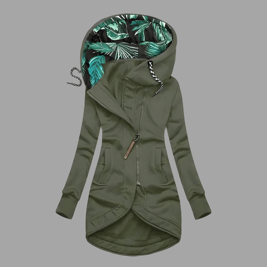 Casaco feminino desportivo com capuz e fecho éclair, versátil para atividades e uso casual na primavera e outono.