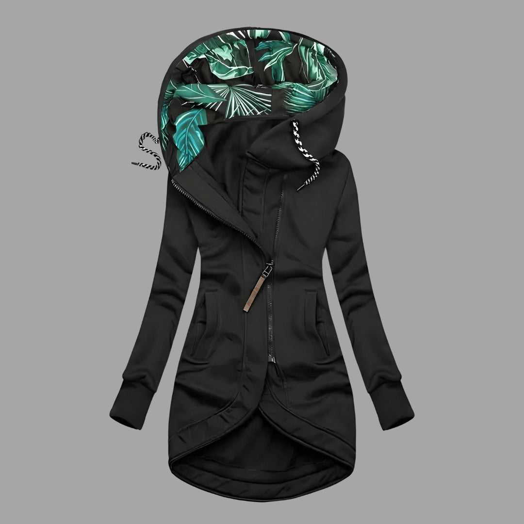 Confortável casaco desportivo feminino com capuz e fecho éclair, ideal para primavera e outono, roupa casual e ativa.