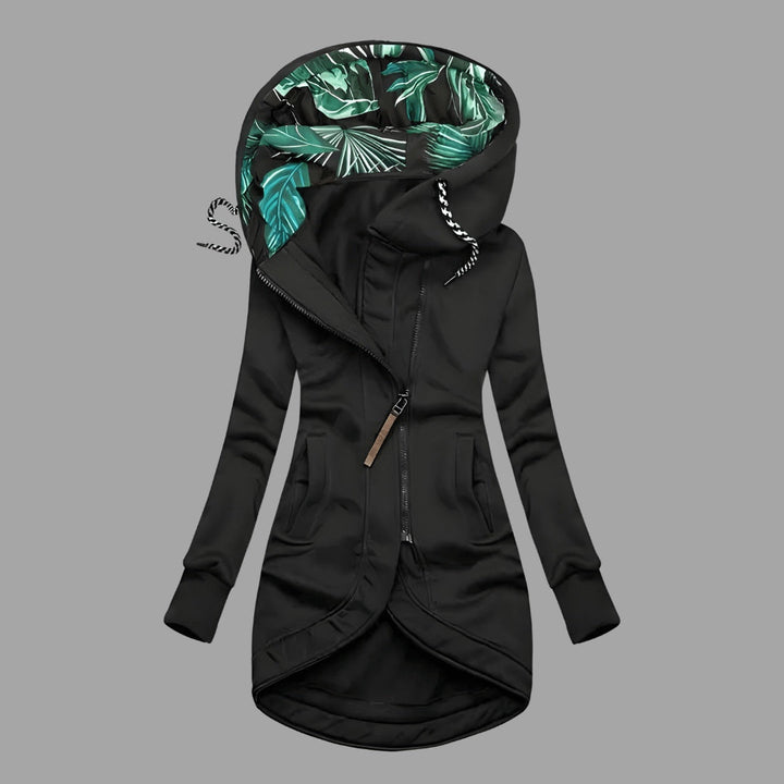 Confortável casaco desportivo feminino com capuz e fecho éclair, ideal para primavera e outono, roupa casual e ativa.