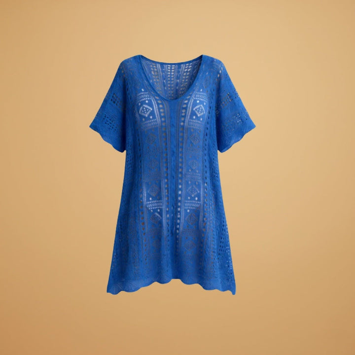 Vestido de praia crochet feminino com manga larga, estilo boémio e elegante para o verão.