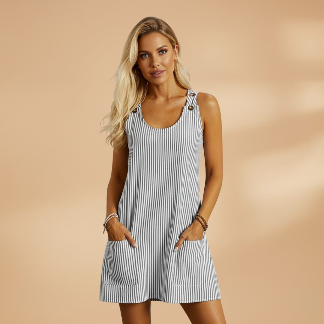 Vestido casual de verão listrado, sem mangas, em tons neutros, super fresco e perfeito para o dia a dia.